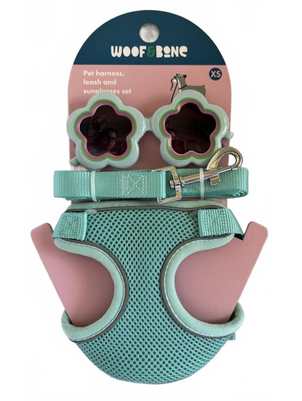 Woof & Bone XS Blue Pet Harness, Leash & Flower Sunglasses Set for Small Pets